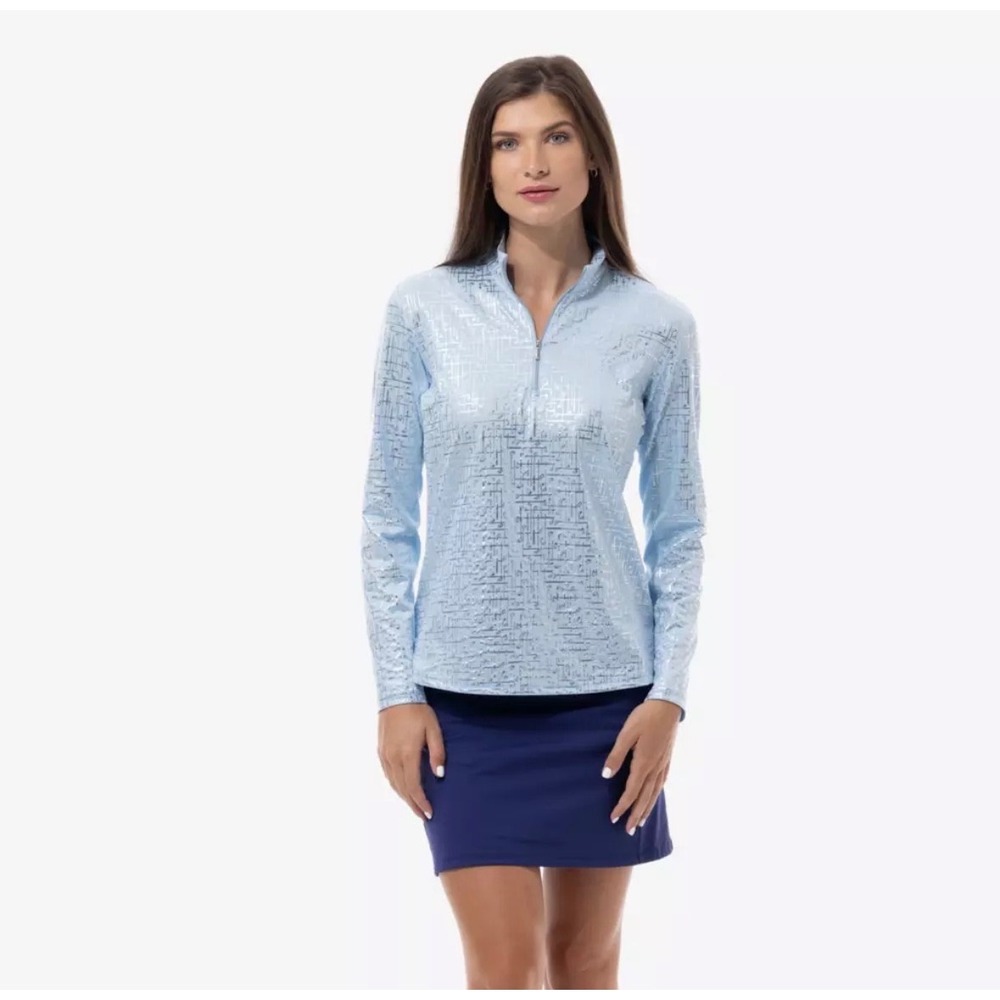 SanSoleil SolTek‎ Ice Foil Print Zip Long Sleeve Golf Top Womens XS Blue